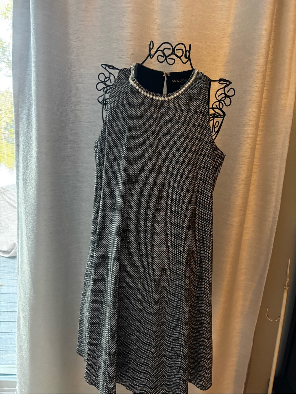 Karl Lagerfeld Black & White Tweed Sleeveless Dress with Pearl Collar